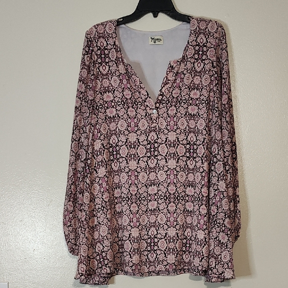 Show Me Your MuMu tunic top Pink and Purple V-Neck Bishop Sleeve Blouse Sz L - Picture 1 of 6